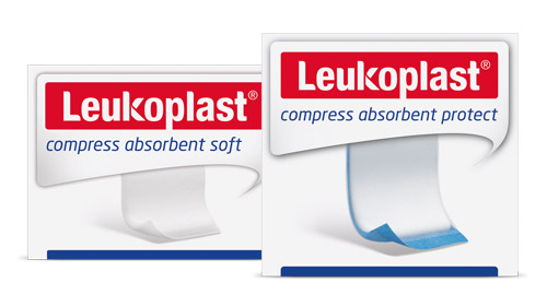 Pack shots of Leukoplast compress absorbent soft and Leukoplast compress absorbent protect. Pack shots of Leukoplast compress absorbent soft and Leukoplast compress absorbent protect.